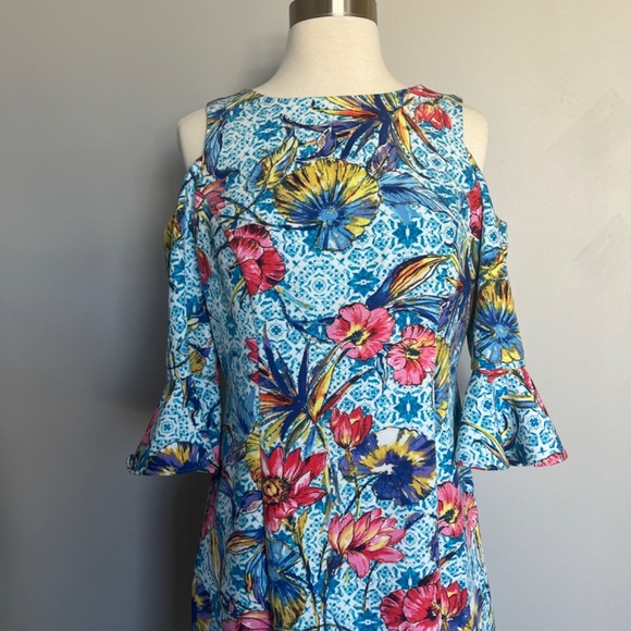 NICOLE MILLER Floral-Print Leaf‎ Turquoise Cold-Shoulder Sheath Cocktail Dress - Picture 6 of 15